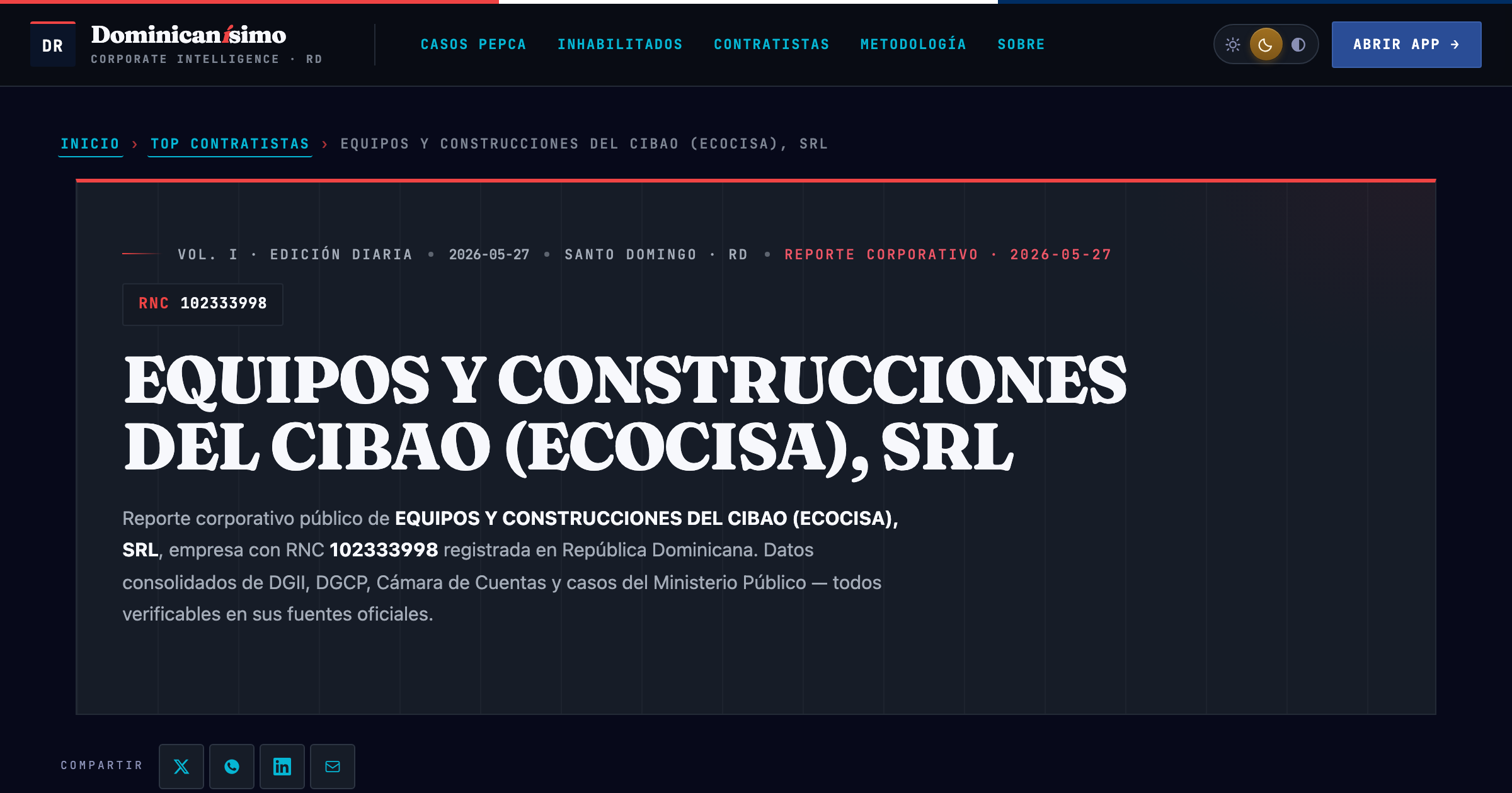 Reporte OSINT Dominicanísimo — EQUIPOS Y CONSTRUCCIONES DEL CIBAO (ECOCISA), SRL (RNC 102333998)